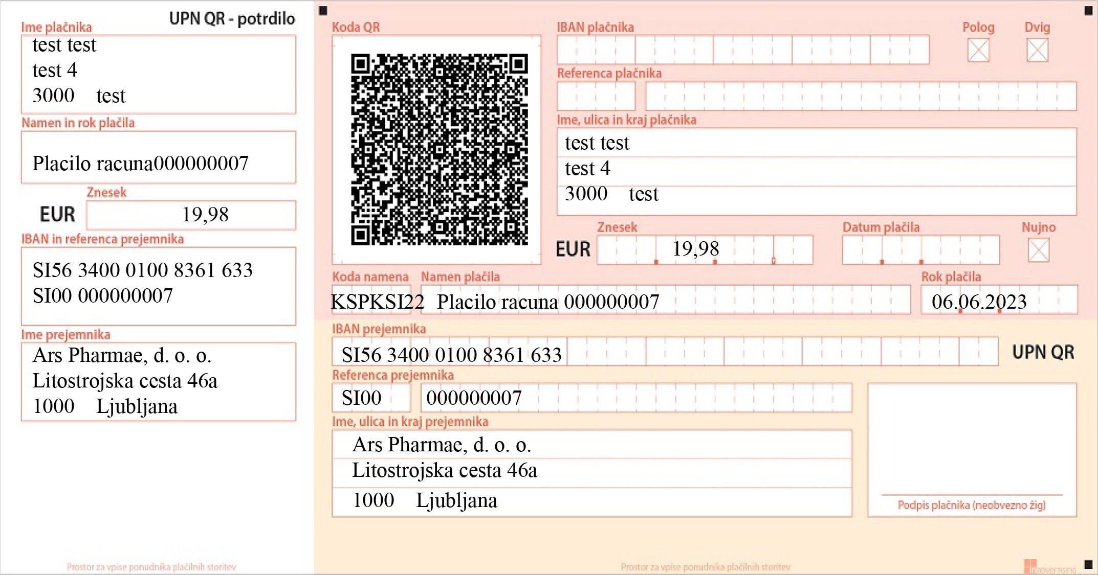 UPN QR form for bank transfer payment