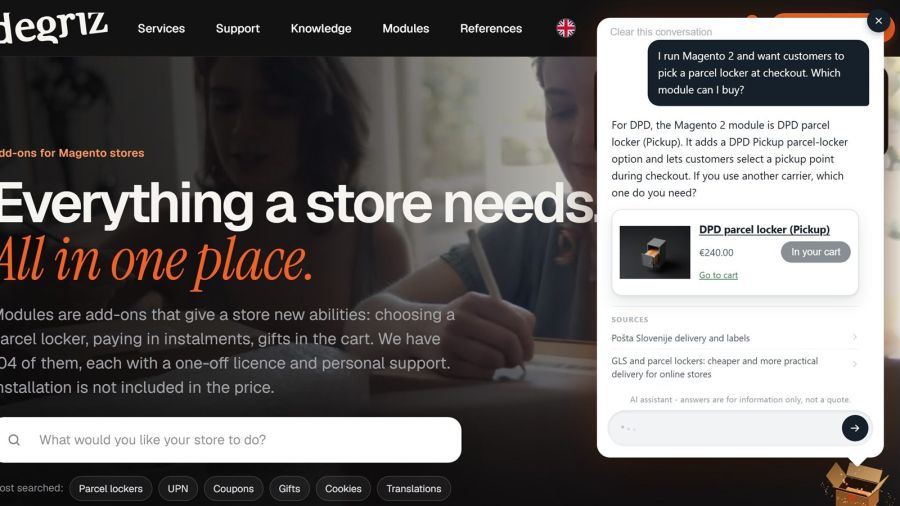 One click and the product is in the cart; the shopper goes from the chat straight to checkout