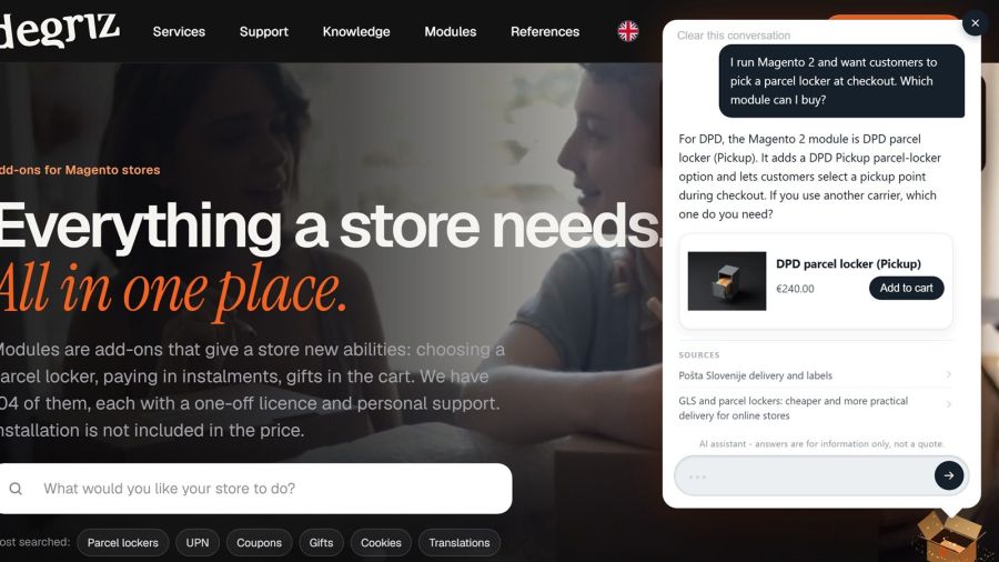 An answer with sources from the store and a product card with the current price and a cart button