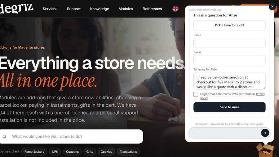 For a quote or a discount the assistant offers a form with a summary, and the store receives the whole conversation by e-mail (on degriz.net also with booking a call)