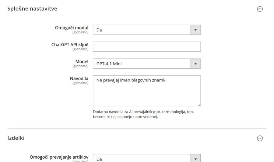 API key, model and instructions for AI translation