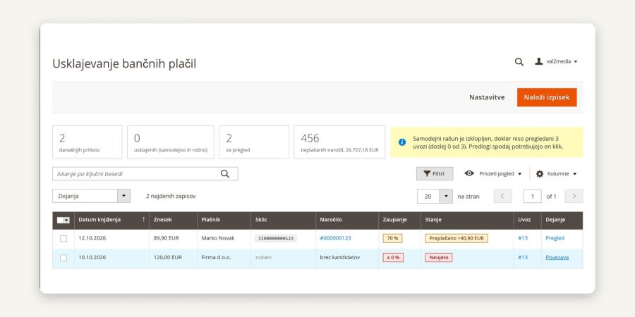 The list of payments with status, confidence and the linked order