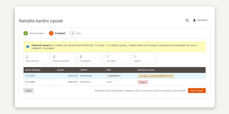 Import preview: credits, duplicates, match suggestions and unmatched payments