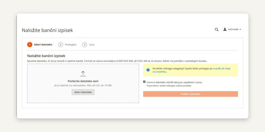 Upload a bank statement (CAMT.053 or CSV): step one of three