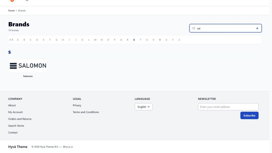 Searching for a brand hides the other brands as you type and dims letters without matches