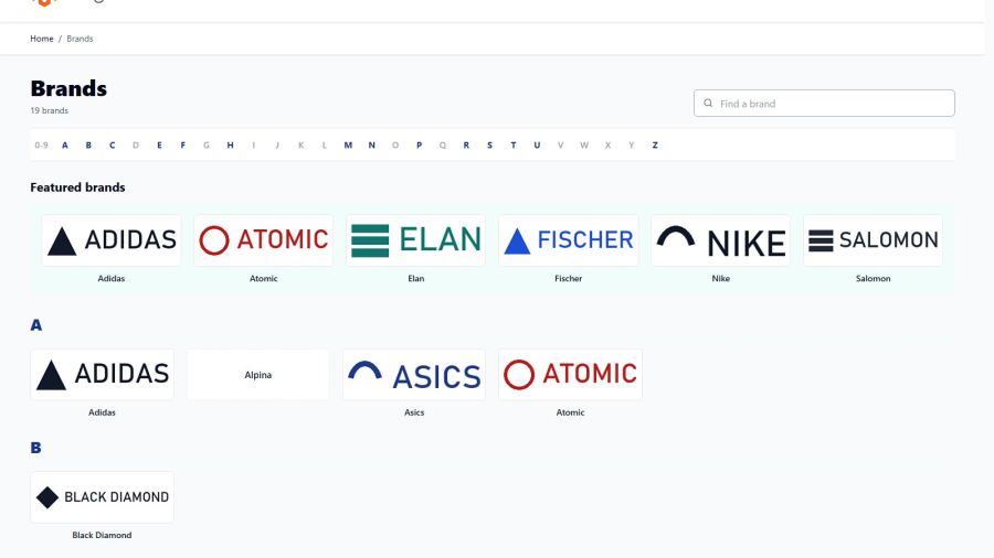 The brand list: search, a letter index, featured brands and logos in alphabetical order