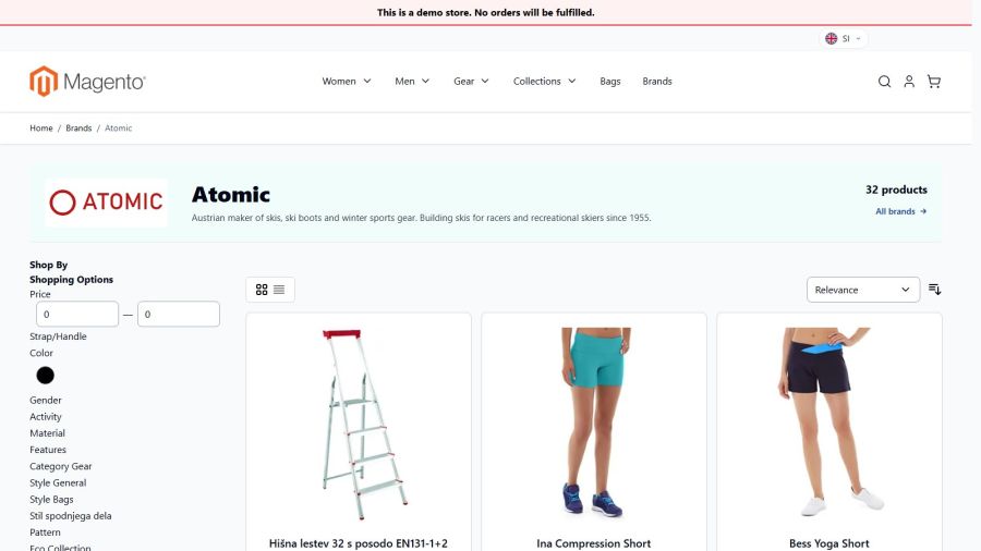 A brand page is an ordinary category: logo, name, short description, number of products and a link to all brands, then the products with filters