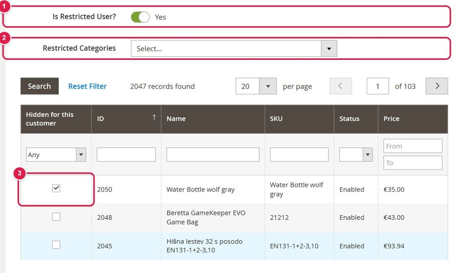 On the customer you choose which categories they see