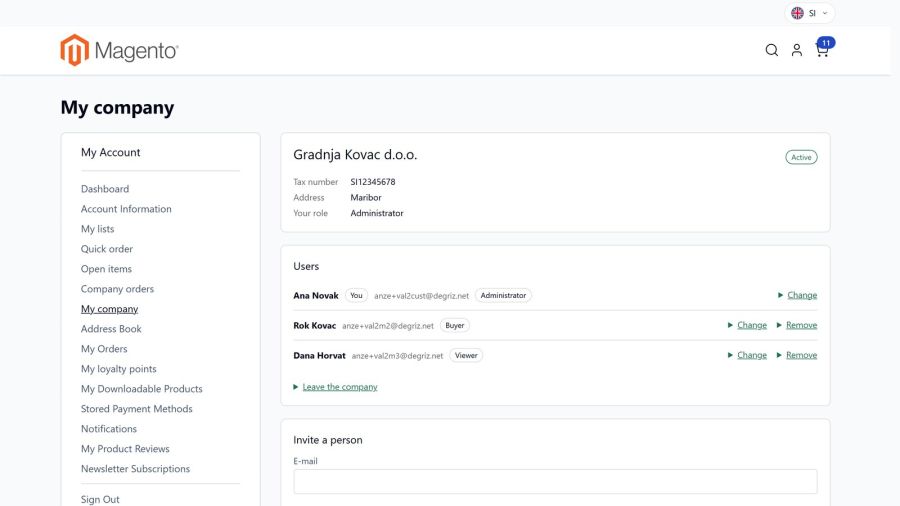My company: company details, users with their roles and a form to invite a colleague