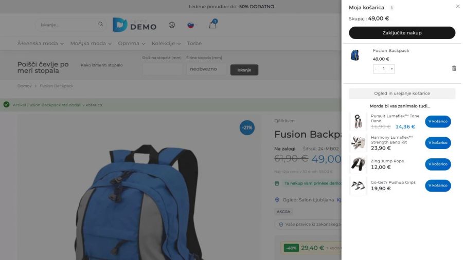 After adding to the cart the mini cart suggests extra products right away, added with one click