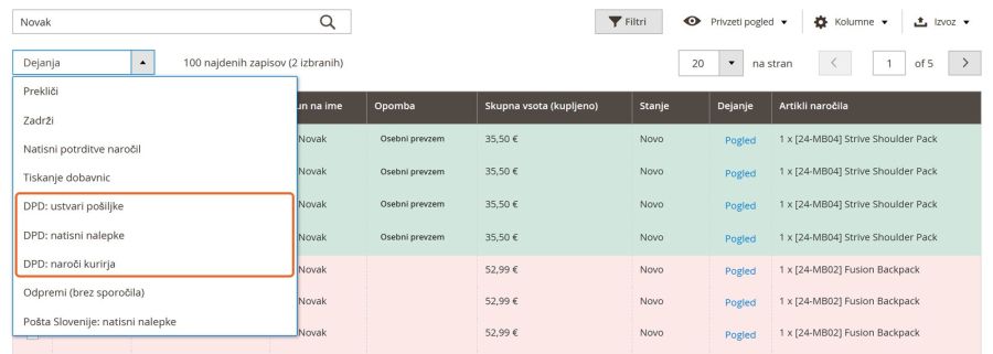 DPD shipments, labels and courier pickup straight from the order grid