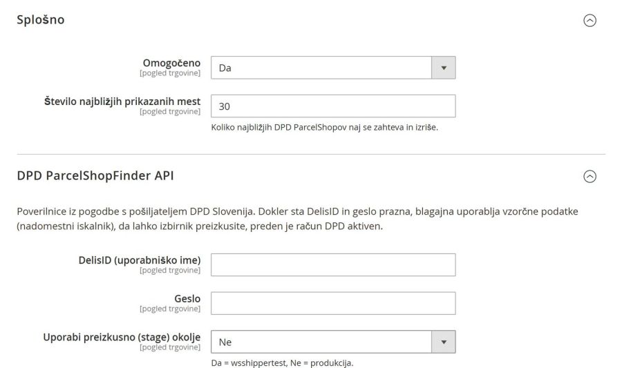 DPD connection and pickup point settings