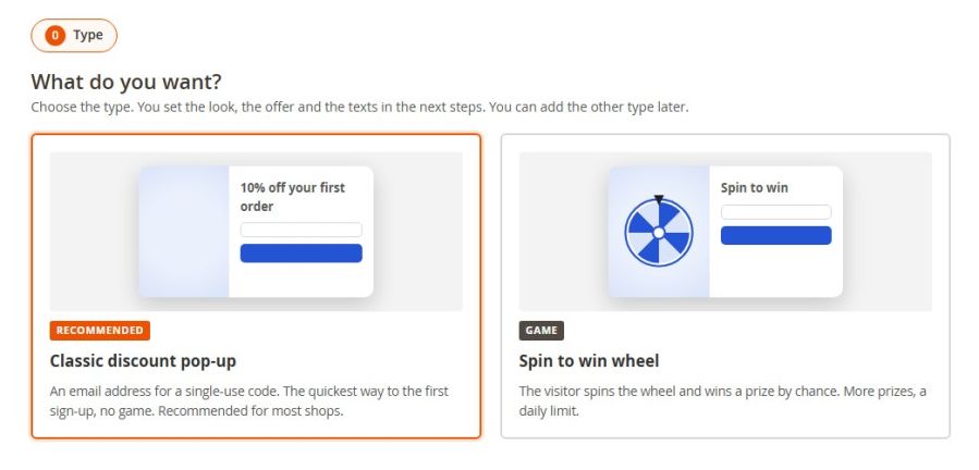 Marketing › Discount Popups › Campaigns: on first use you choose the classic discount pop-up or the spin to win wheel