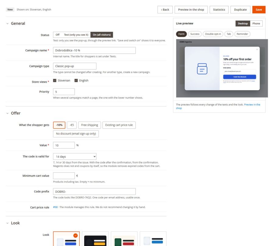 Editing a campaign: status (off, test, on), the offer, code validity and the look with a live preview