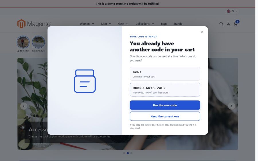 If the cart already has another code, the module never replaces it silently: the shopper chooses which one to keep