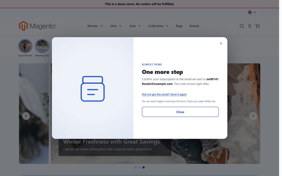 With double opt-in the code arrives only after the confirmation link is clicked; the shopper can ask for the e-mail again