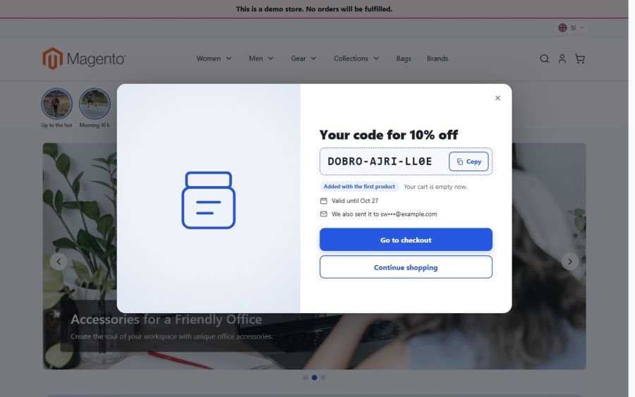 With an empty cart the shopper copies the code, or it is added with the first product; the pop-up also shows how long it is valid