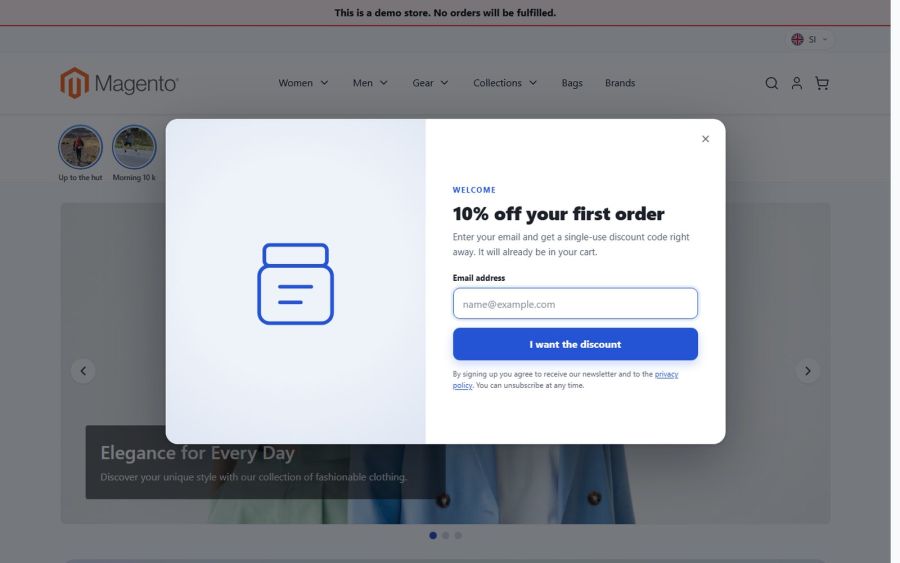 The classic discount pop-up: the offer, an e-mail field and fine print with a link to the privacy policy (signing up is the consent)