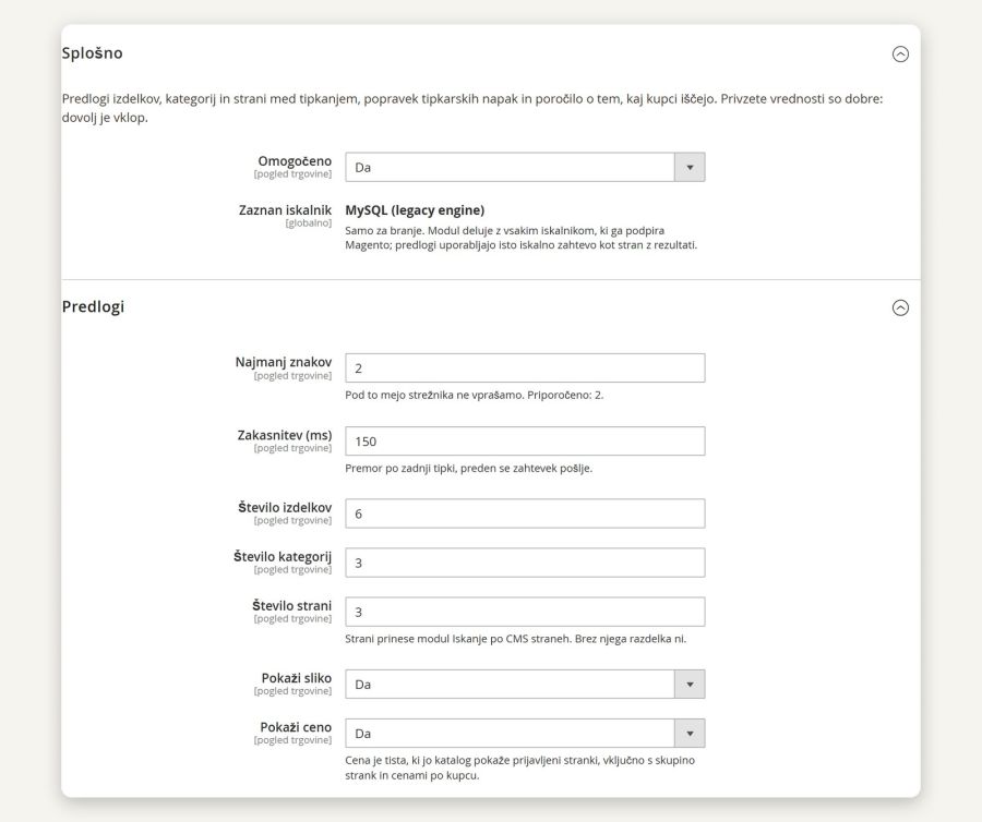 Smart search settings (Stores > Configuration > Magelan > Quick Search)