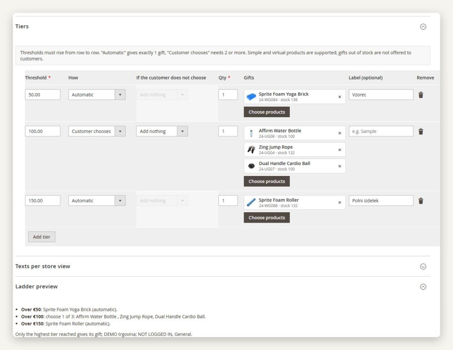 The ladder in the admin: threshold, mode (automatic or customer chooses), gifts and a preview in sentences
