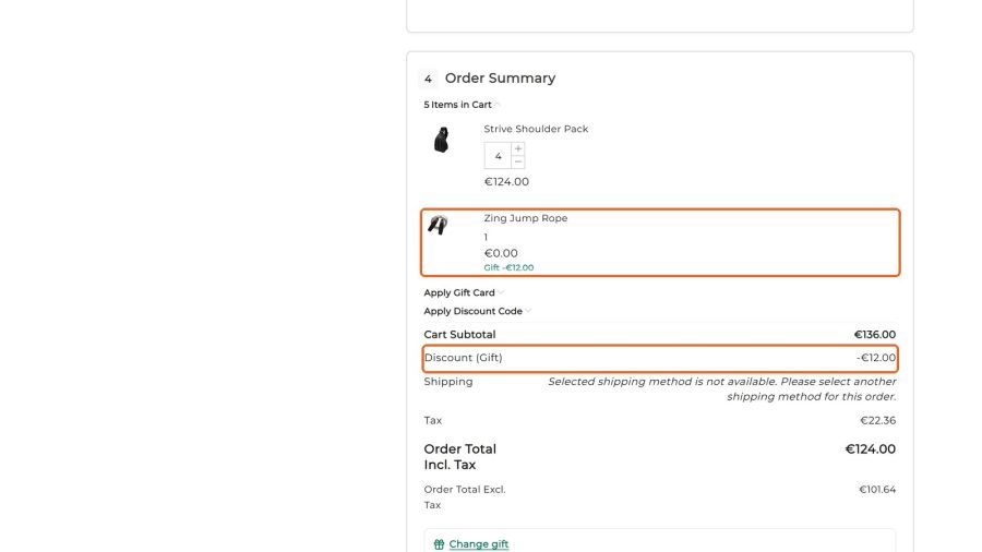 They can also choose the gift at checkout; the order summary updates without reloading the page