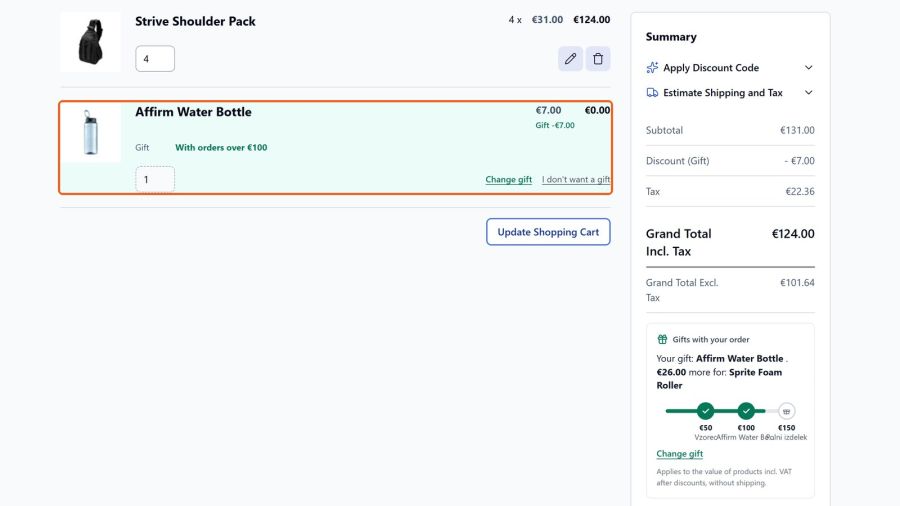 The customer chooses 1 of 3 gifts and changes it later; the gift is in the cart at its regular price with a 100 % discount