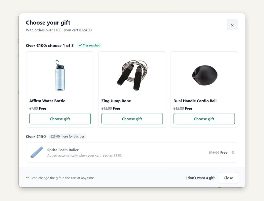 The gift picker: cards with picture, regular price and stock, higher tiers are shown in advance