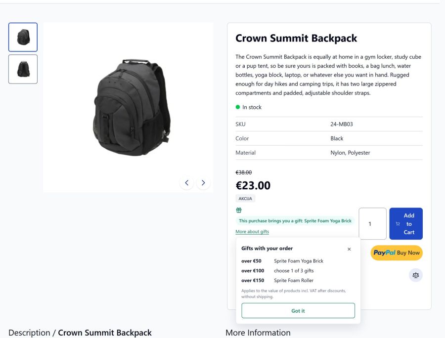 On the product page the customer sees whether this purchase brings a gift, and all the tiers