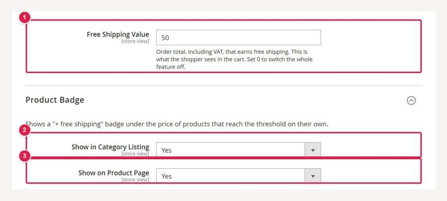 Free shipping threshold and badge display