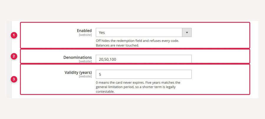 Gift card amounts and validity