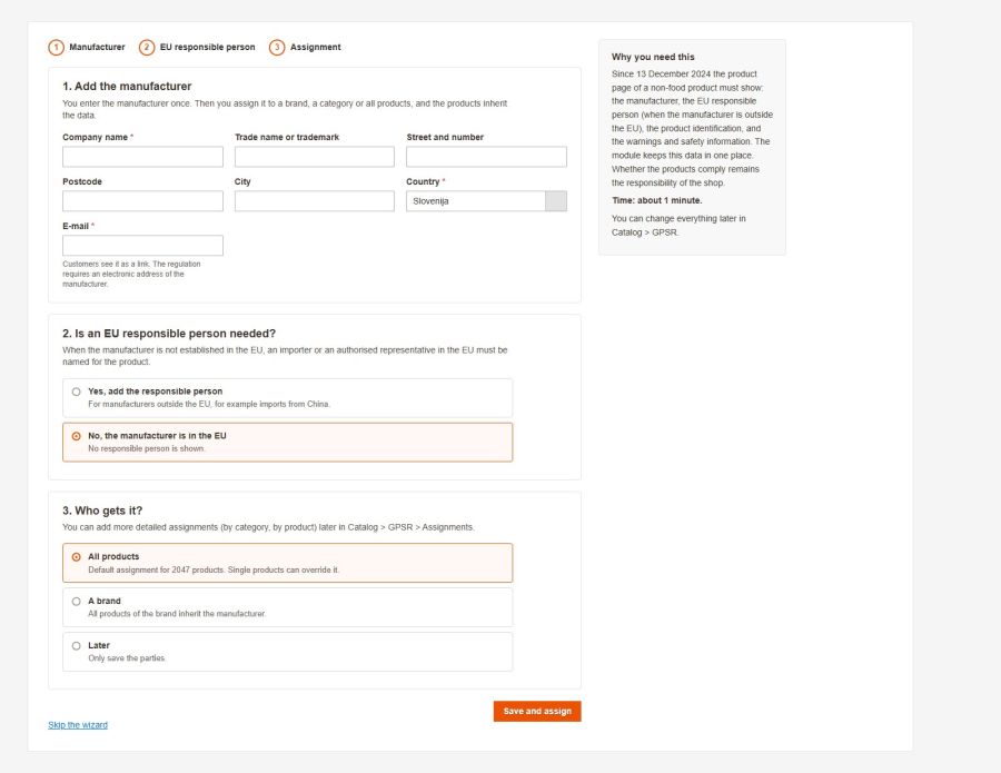 The first-run wizard: manufacturer, EU responsible person and an assignment to all products or a brand in a minute