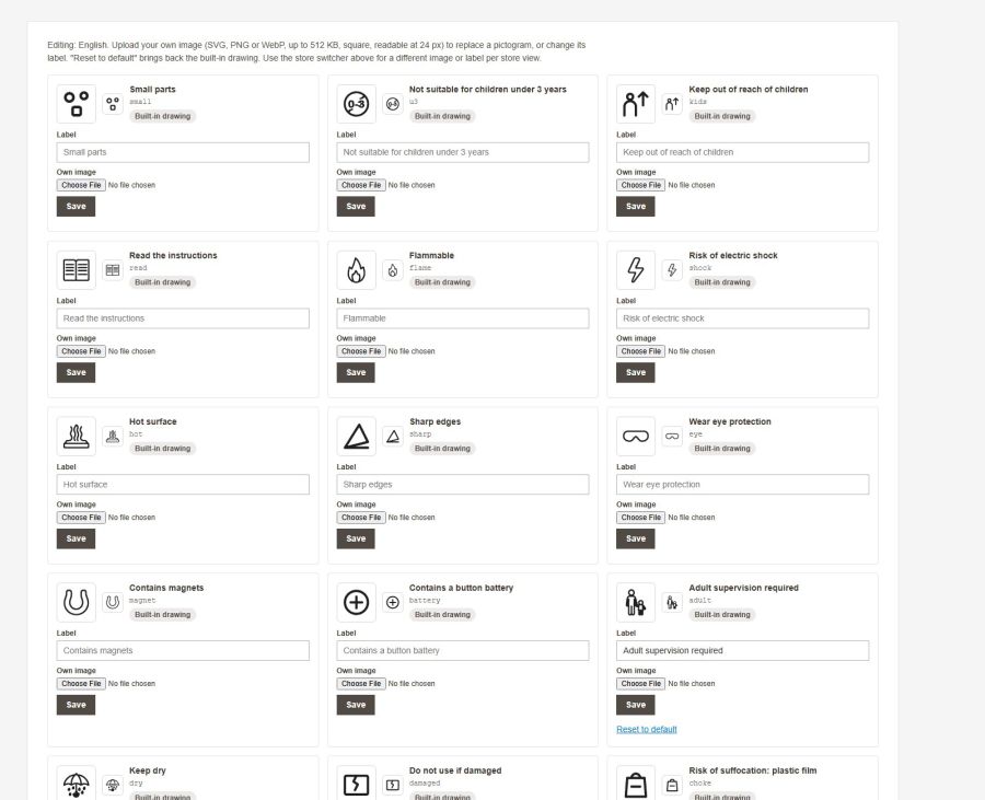 Catalog › GPSR › Pictograms: replace any pictogram with your own image or change its label per store view; Reset to default brings back the built-in drawing