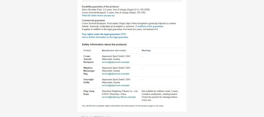 If you want, the order e-mail gets a table with the manufacturer, contact and warnings of each product