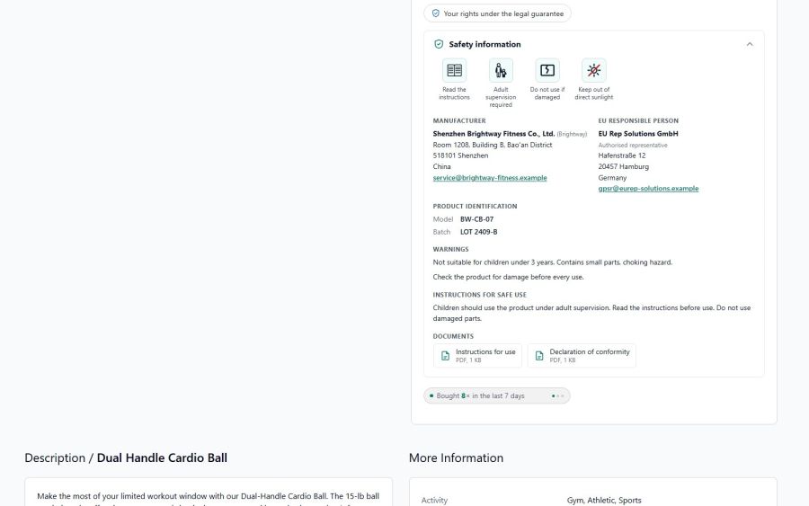 The Safety information section: a manufacturer outside the EU and its authorised representative in the EU, model and batch, warnings, instructions for safe use and PDF documents