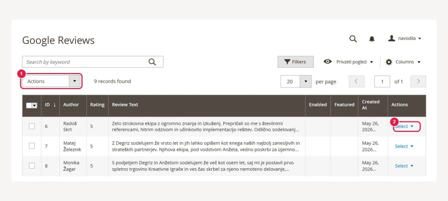 Reviews from Google in a list in the admin