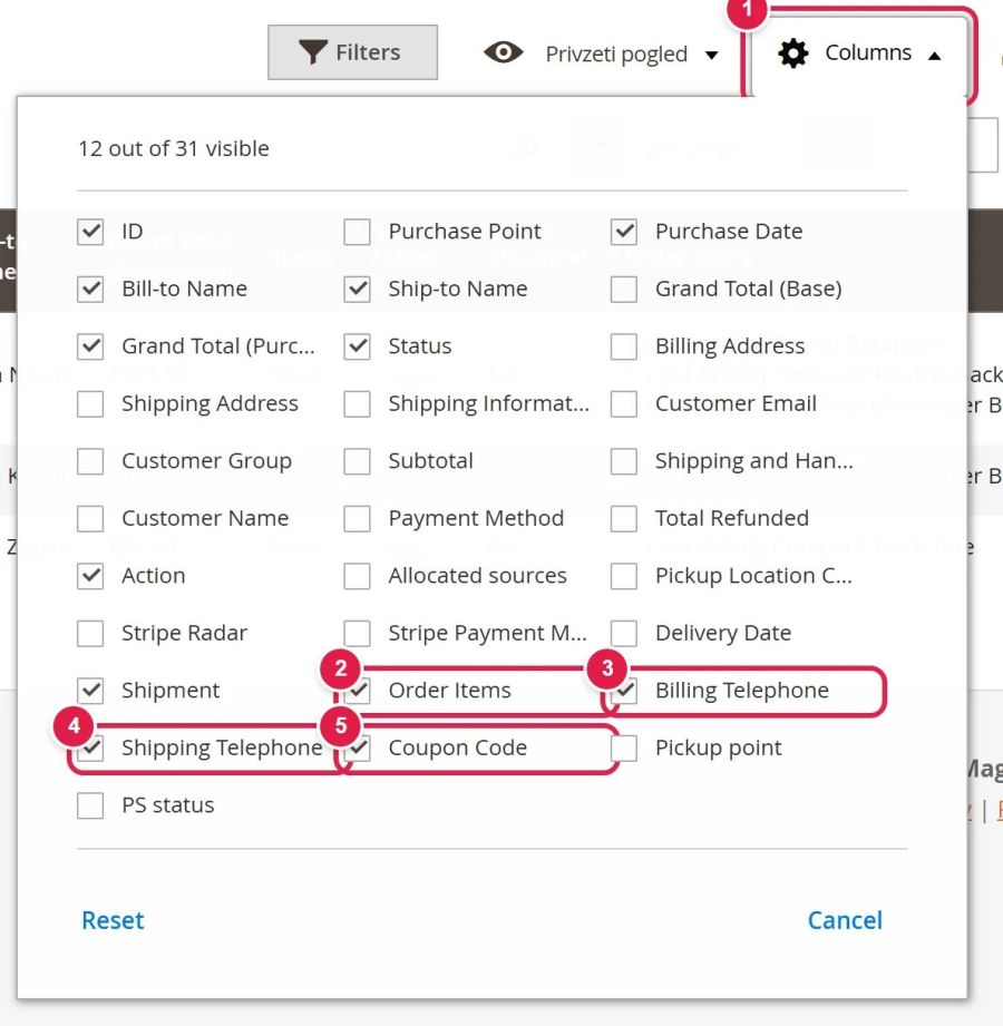 Extra columns in the order list