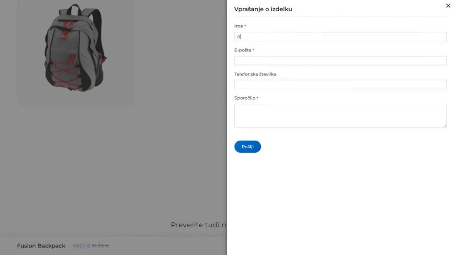 The customer opens the Product inquiry form on the product page and fills it in, and the shop receives the question