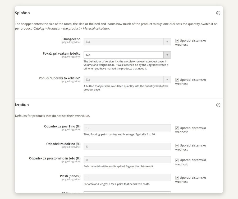 Material calculator settings (Stores > Configuration > Magelan)