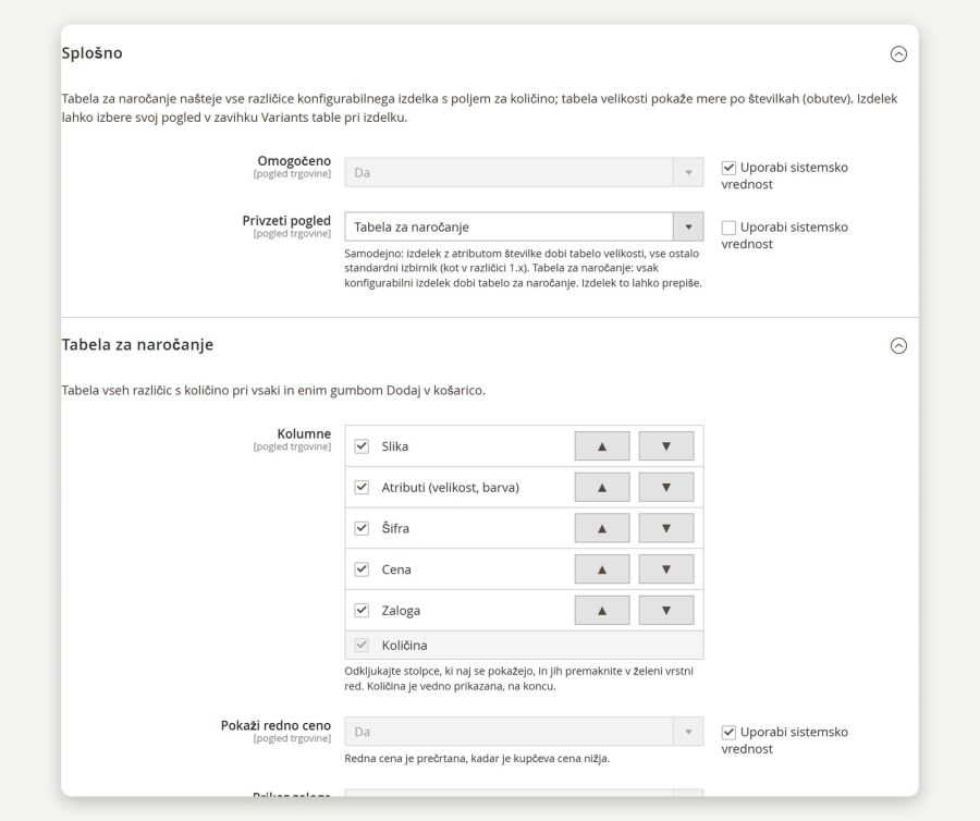 Settings: default view, order table, size table and measuring