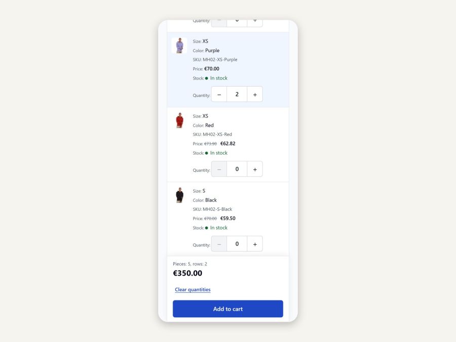 Phone: rows as cards, the total stays visible