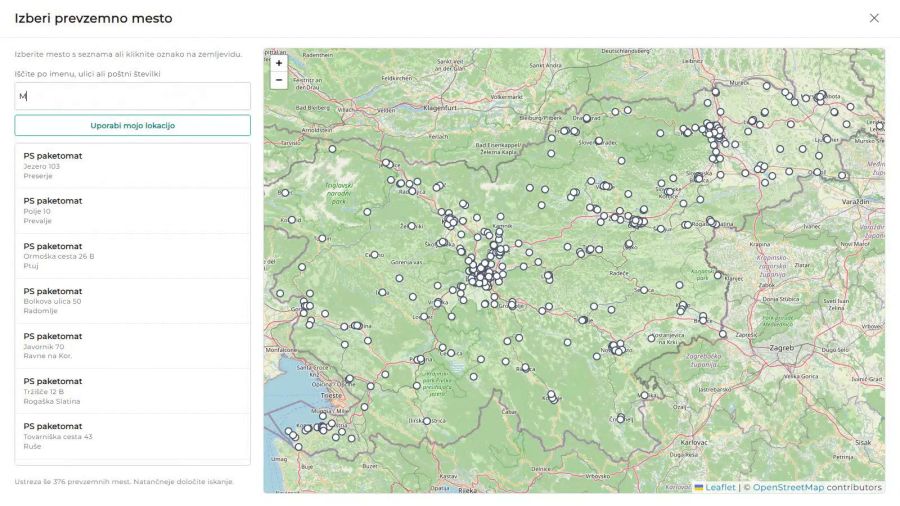For delivery the customer picks a Pošta Slovenije parcel locker or post office on the map or from the list and the choice is saved in the order