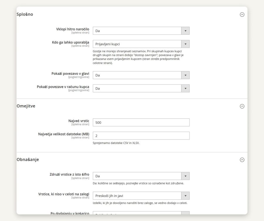 Settings: who may use it, limits, behaviour, saved lists and texts (Stores > Configuration > Magelan > Quick Order)