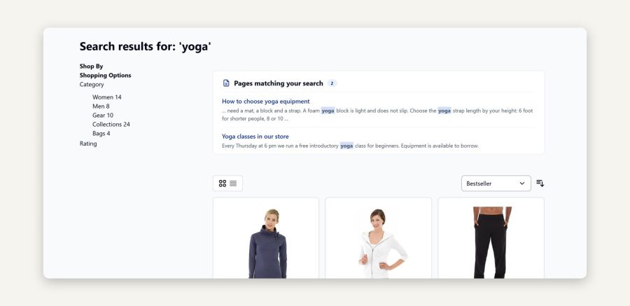 The block "Pages matching your search" above the products: page title, text excerpt, the search term on a light background and in bold