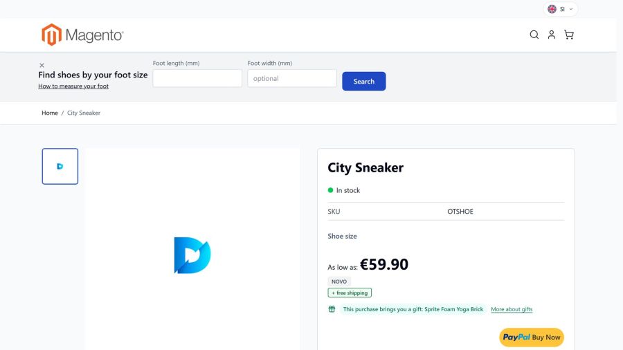 The "Find shoes by your foot size" strip on a product page