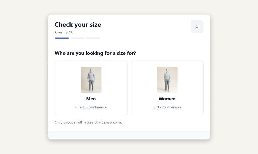 Step 1: who the size is for, with pictures; only groups that have a size chart are shown