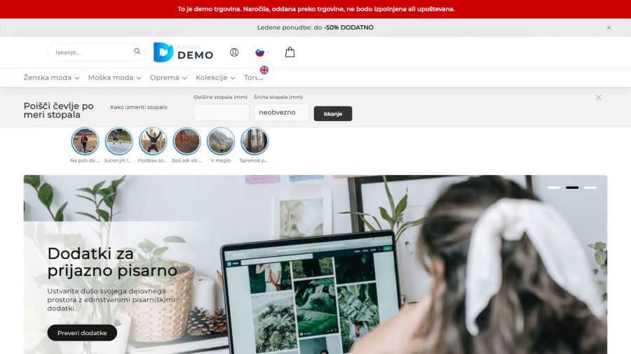 In the page header the visitor switches between the languages and countries of the shop with one click