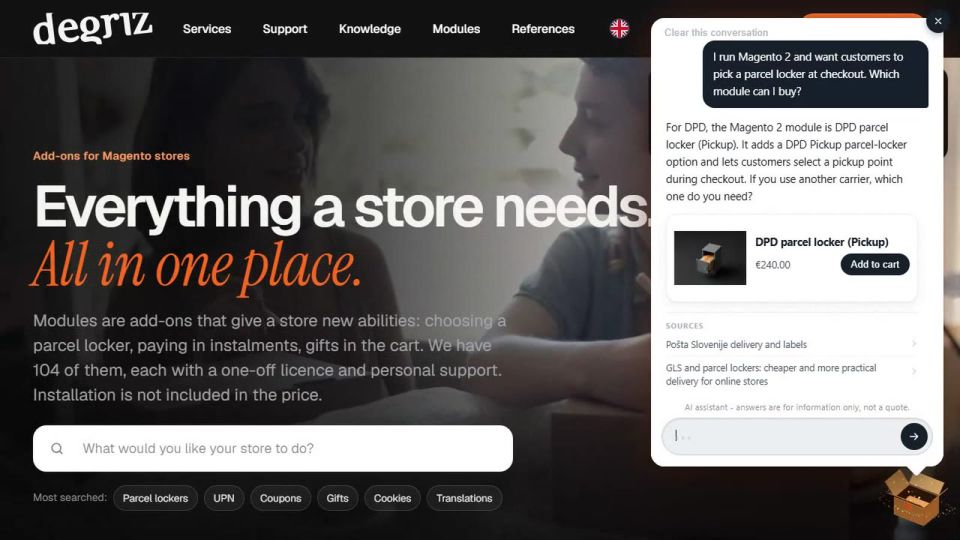 The shopper asks in their own words, the assistant answers from the store's content, shows the product with its price and adds it to the cart (recorded on degriz.net)