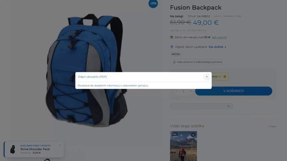 On the product page the customer opens the EU legal guarantee notice with one click