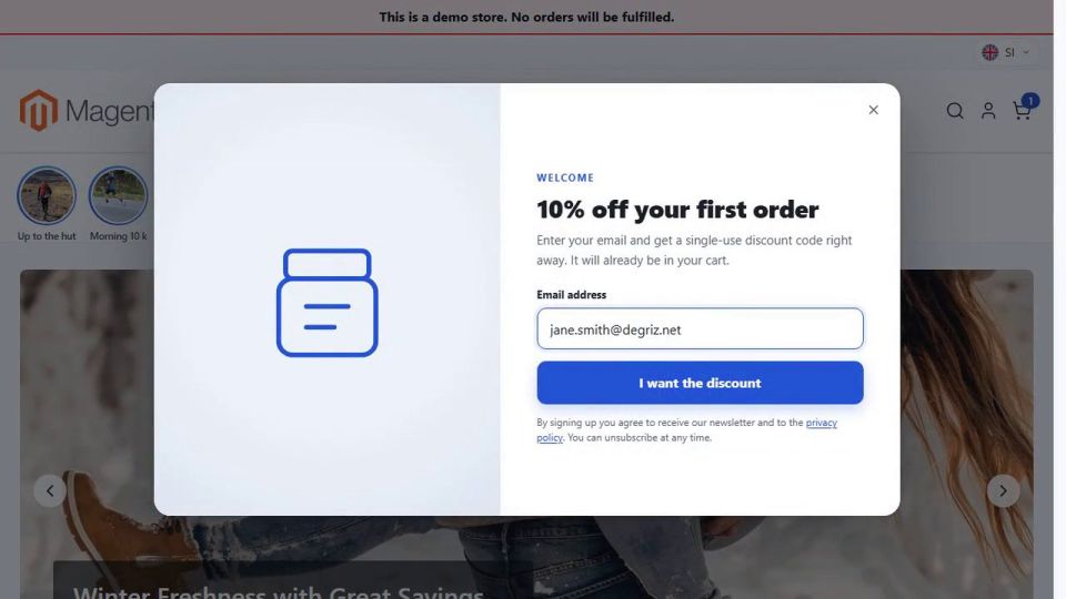 The pop-up waits for the cookie banner answer, the shopper enters an e-mail address and gets a single-use code that is already in the cart; a reminder with the code waits at the top of the store