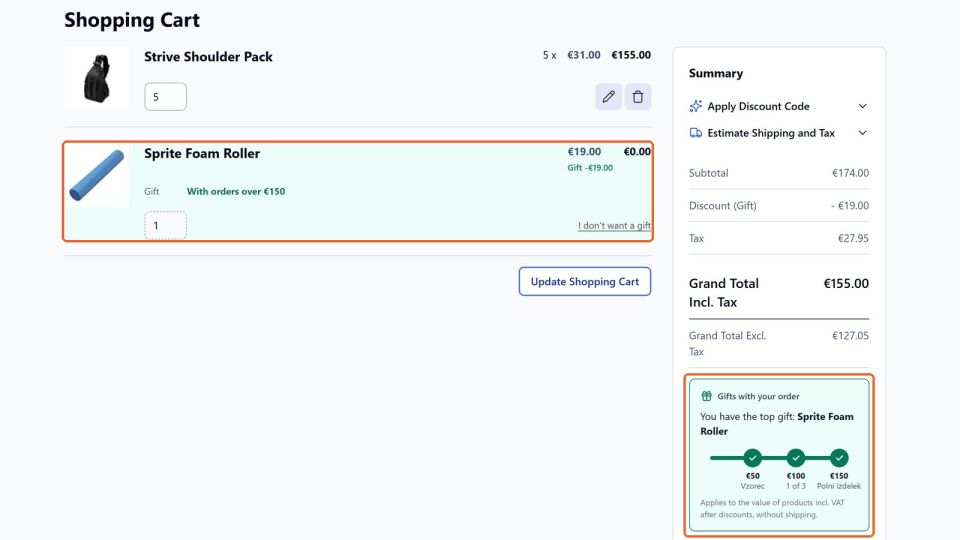 The customer adds products and sees how much is missing for a gift: at €50 the gift is added by itself, at €100 they choose, at €150 they get the full-size product